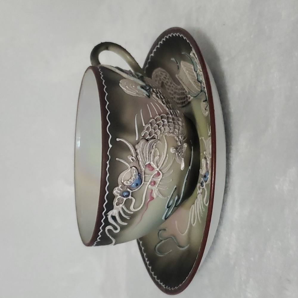 🏠 Takito Dragonware Moriage Slipware Dragons w/ Wings Japan Cup & Saucer S…